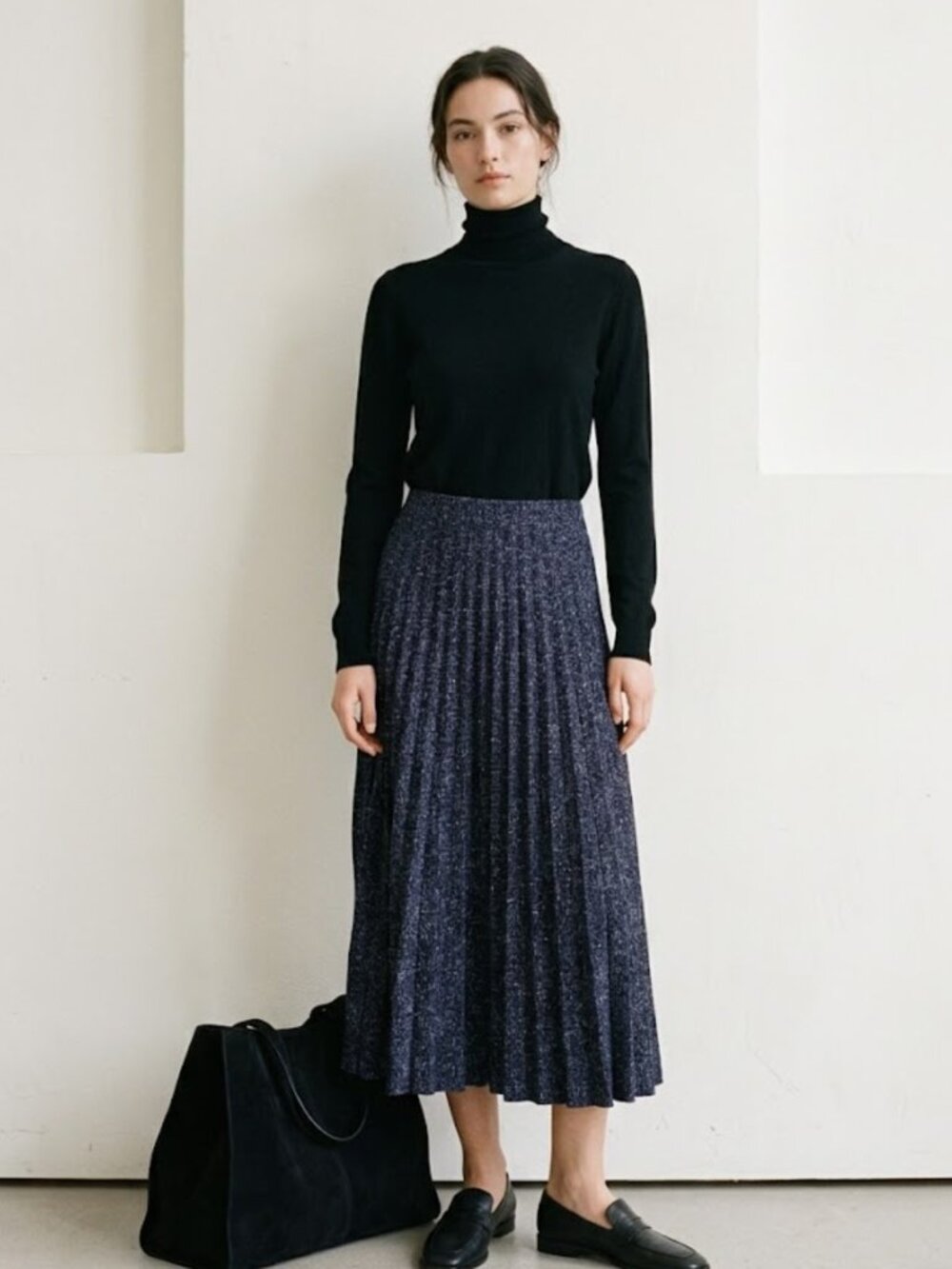 Zara Navy Tweed Pleated Skirt